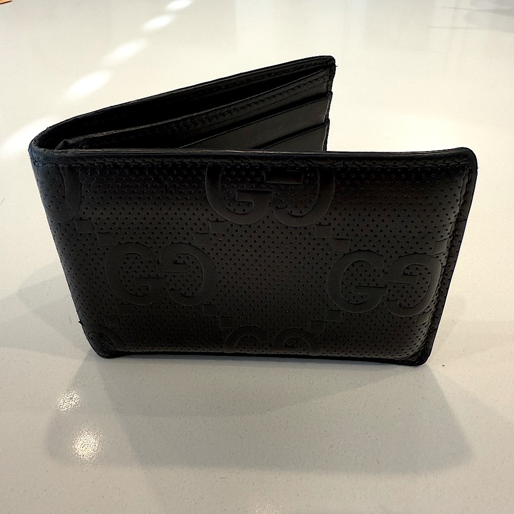 Gucci Calfskin Leather GG Tennis Embossed Bi-Fold Wallet Black